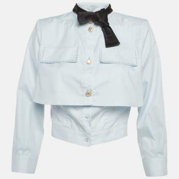 Pre Owned Elisabetta Franchi Light Blue Cotton Tie Detail Crop Shirt M