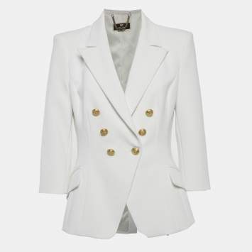 Pre Owned Elisabetta Franchi White Crepe Double Breasted Blazer L