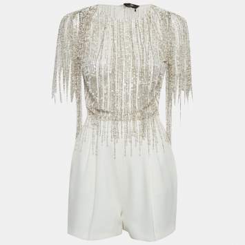 مملوكة مسبقًا Elisabetta Franchi White Embellished Tulle & Crepe Playsuit M