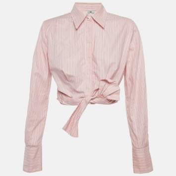 Pre Owned Elisabetta Franchi Pink Striped Cotton Tie-Up Detail Top M