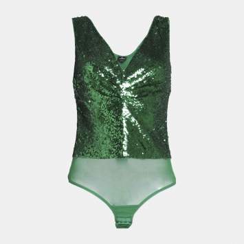 Pre Owned Elisabetta Franchi Green Sequin Tulle Sleeveless Bodysuit S