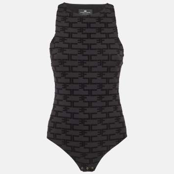 Pre Owned إليزابيتا فرانكي بودي سوت بحياكة مطاطية ونقوش شعار باللون الأسود بحجم كبير