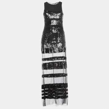 Pre Owned Elisabetta Franchi Black Striped Sequined Mesh Sleeveless Long Dress L