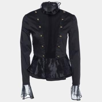 Pre Owned Elisabetta Franchi Black Cotton & Organza Trim Top M