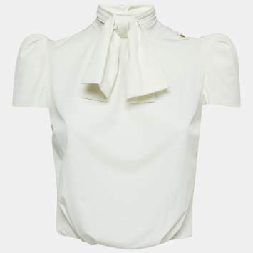 Pre Owned Elisabetta Franchi Off White Stretch Crepe Neck Bow Detailed Bodysuit S