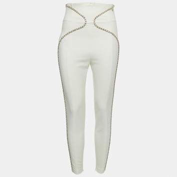 Pre Owned Elisabetta Franchi Off White Stretch Nylon Chain Detailed  Skinny  Fit Trousers M
