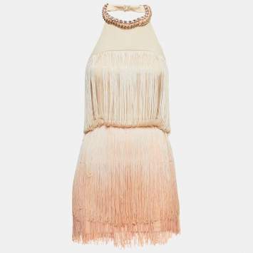 Pre Owned Elisabetta Franchi Orange Nylon Embellished Halter Neck Fringed Mini Dress S