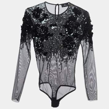 Pre Owned Elisabetta Franchi Black Floral Sequined Tulle Bodysuit S
