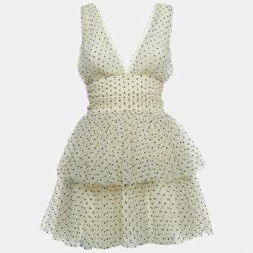 Pre Owned Elisabetta Franchi White Dotted Tulle Plunge Tiered Mini Dress S