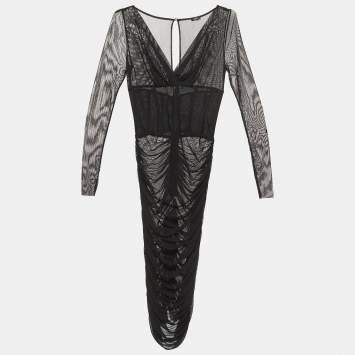 Pre Owned Elisabetta Franchi Black Ruched Mesh Midi Dress M