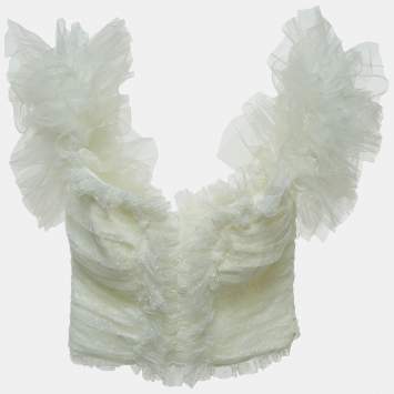 Pre Owned Elisabetta Franchi White Tulle Ruched Off Shoulder Crop Top M