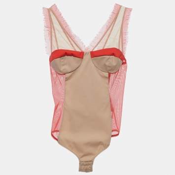 Pre Owned Elisabetta Franchi Beige/Coral Pink Stretch Knit  Sleeveless Bodysuit M