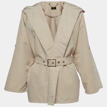 Pre Owned Elisabetta Franchi Beige Synthetic Open Front Belted Short Coat M