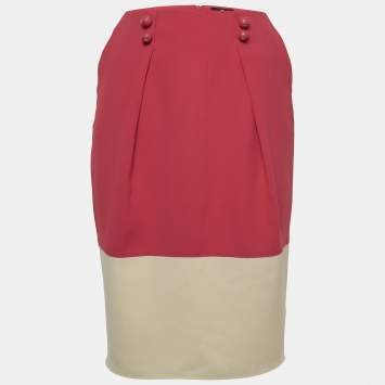Pre Owned Elisabetta Franchi Pink/Cream Crepe Pleated Knee Length Skirt M