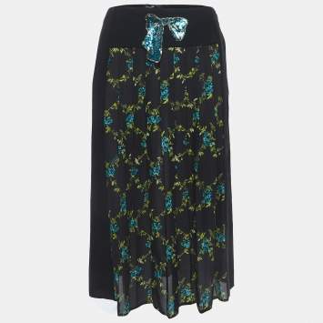 Pre Owned Elisabetta Franchi Black Floral Print Crepe Pleated Semi Sheer Midi Skirt S