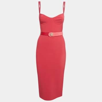 Pre Owned Elisabetta Franchi Pink Crepe Belted Fitted Midi Dress S