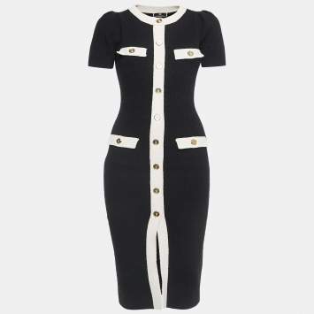 Pre Owned Elisabetta Franchi Black Wool Blend Knit Buttoned Midi Dress S