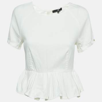 Pre Owned Elisabetta Franchi White Denim Gathered Short Sleeve Blouse M