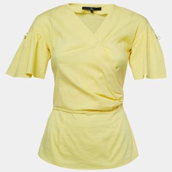 Pre Owned Elisabetta Franchi Yellow Stretch Cotton Flutter Sleeve Wrap Top M