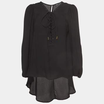Pre Owned Elisabetta Franchi Black Crepe Lace-Up Neck Camicia Blouse L