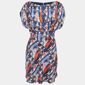 Pre Owned Elisabetta Franchi Navy Blue Printed Silk Mini Dress M