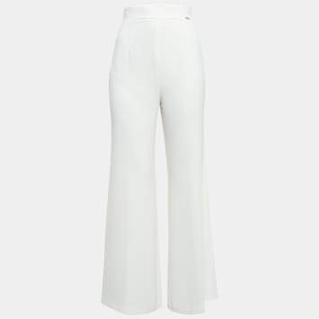 Pre Owned Elisabetta Franchi White Crepe High Waist Wide-Leg Trousers S