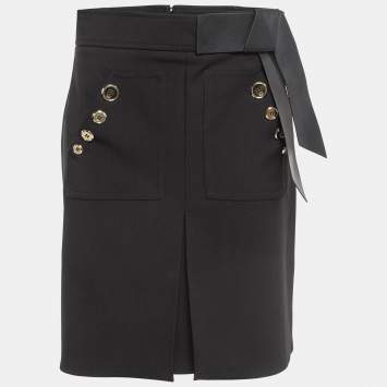 Pre Owned Elisabetta Franchi Black Leather Trim Stretch Crepe Button Detail Mini Skirt L