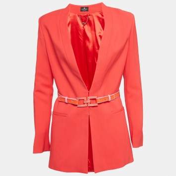 Pre Owned Elisabetta Franchi Red  Stretch Crepe Belted Jacket M