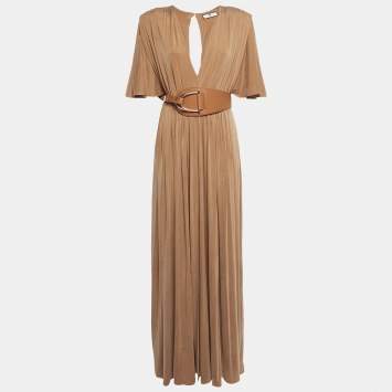 Pre Owned Elisabetta Franchi Brown Jersey Gathered Belter Maxi Dress M