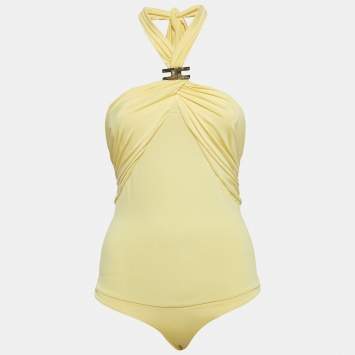 Pre Owned Elisabetta Franchi Yellow Metallic Logo Jersey Ruched Tie-Up Neck Bodysuit S