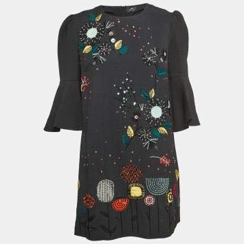 Pre Owned Elisabetta Franchi Black Sequin and Beads Embellished Crepe Bell Sleeve Mini Dress M
