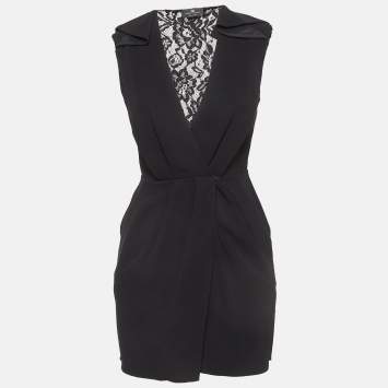 Pre Owned Elisabetta Franchi Black Lace Time Crepe Mini Wrap Dress S