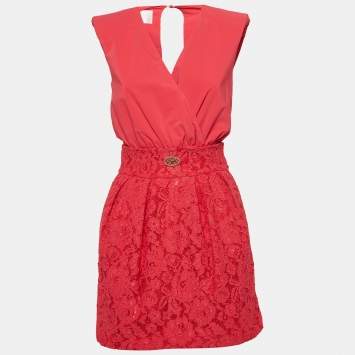 Pre Owned Elisabetta Franchi Pink Lace and Crepe Detachable Waist Mini Dress S