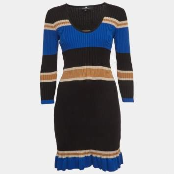 Pre Owned Elisabetta Franchi Multicolor Striped Rib Knit Long Sleeve Midi Dress M  