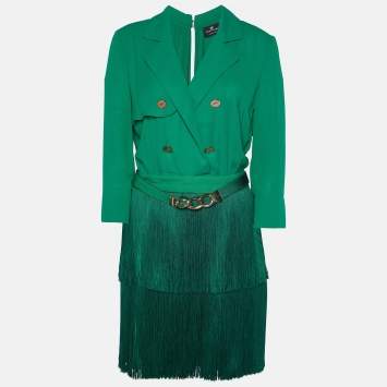 Pre Owned Elisabetta Franchi Green Crepe Fringed Mini Dress M
