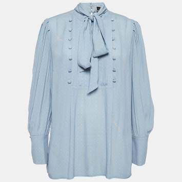 Pre Owned Elisabetta Franchi Blue Printed Crepe Tie Neck Blouse M