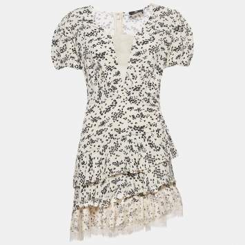 Pre Owned Elisabetta Franchi Cream Floral Print Lace Trim Crepe Tiered Mini Dress M