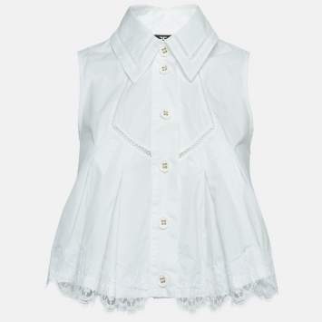Pre Owned Elisabetta Franchi White Lace Trimmed Cotton Pleated Crop Shirt S   