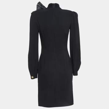 Pre Owned Elisabetta Franchi Black Crepe Bow Tie Mock Neck Mini Dress M