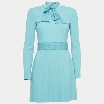 Pre Owned Elisabetta Franchi Blue Stretch Crepe Neck Tie Mini Dress M
