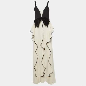Pre Owned Elisabetta Franchi Cream Velvet Bow and Georgette Ruffled Maxi Dress M