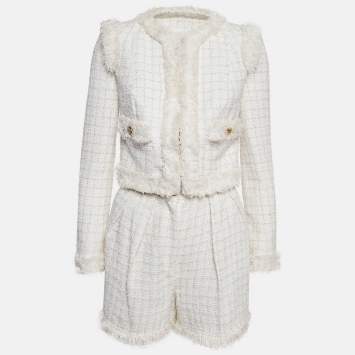 Pre Owned Elisabetta Franchi Off-White Patterned Tweed Shorts and Blazer Set S