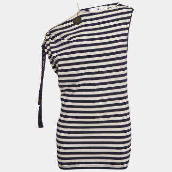 Pre Owned Elisabetta Franchi Blue Marine Stripe Jersey Asymmetric Sleeve Top S
