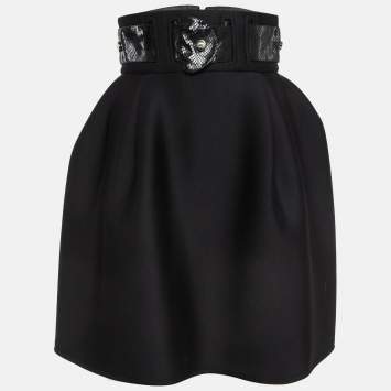 Pre Owned Elisabetta Franchi Black Belted Knit Flared Mini Skirt S