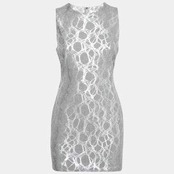 Pre Owned Elizabeth and James Heather Grey and Silver Foil Print Sleeveless Nadia Sheath Dress M