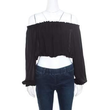 مملوكة مسبقًا Elizabeth and James Black Sheer Silk Off Shoulder Denny Peasant Crop Top S