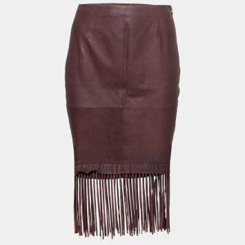مملوكة مسبقًا Elizabeth and James Brown Goat Leather Fringed Hem Jaxson Skirt S