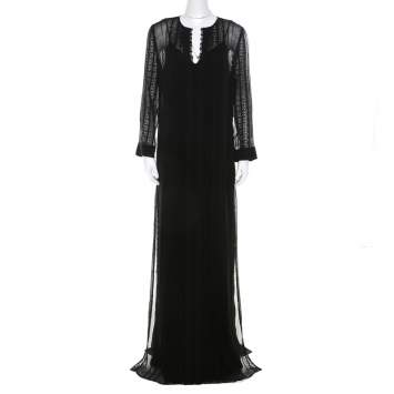 Pre Owned Elizabeth & James Black Embroidered Silk Georgette Mia Maxi Dress L 