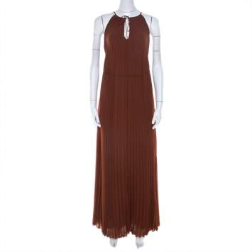 Pre Owned Elizabeth & James Cinnamon Brown Pleated Chiffon Cadence Maxi Dress S