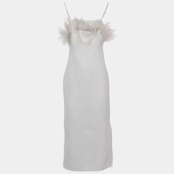 Pre Owned Elliatt Ivory/White Crepe Feather Detail Harley Midi Dress XS